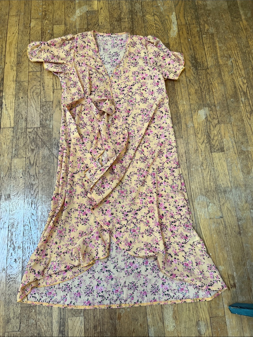 SHEIN Peach Floral Wrap Midi Dress with Pink Accents
